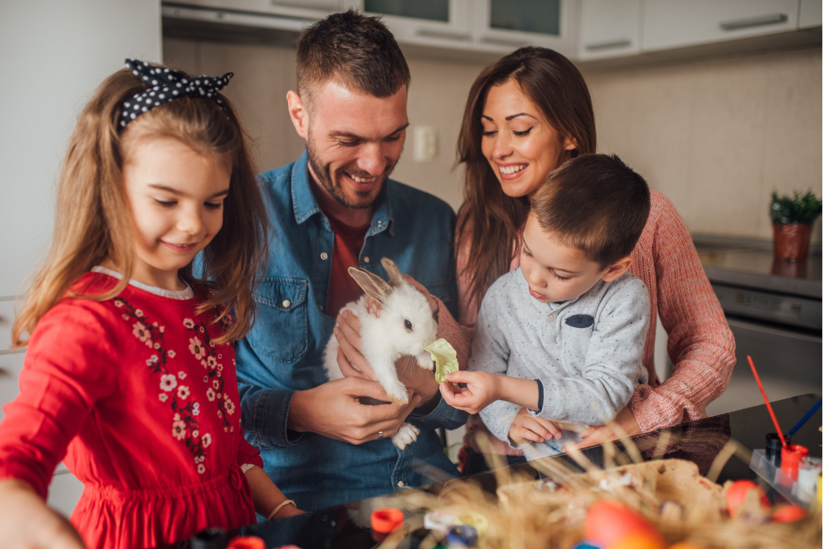 famille heureuse avec son lapin qui a une assurance