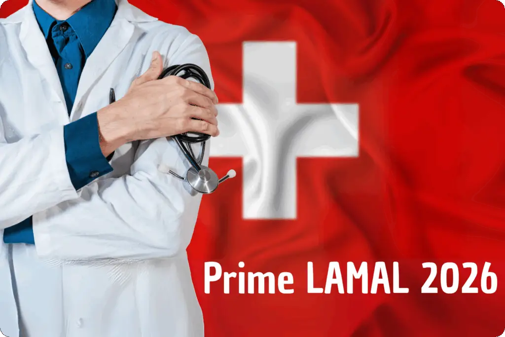 Drapeau suisse et médecin en vue de la hausse des primes Lamal en 2026